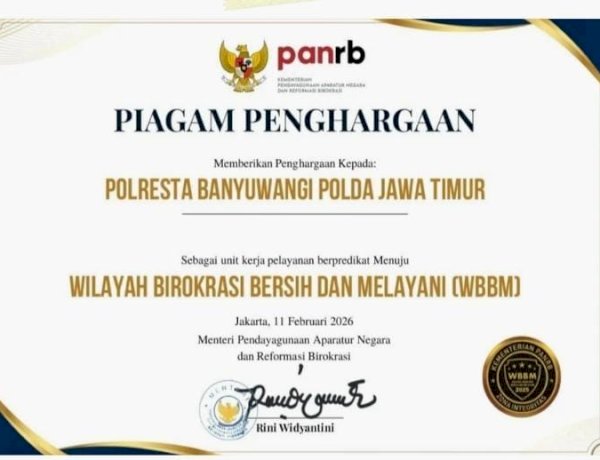 Polresta Banyuwangi Raih Penghargaan Zona Integritas Menuju WBBM Tahun 2025